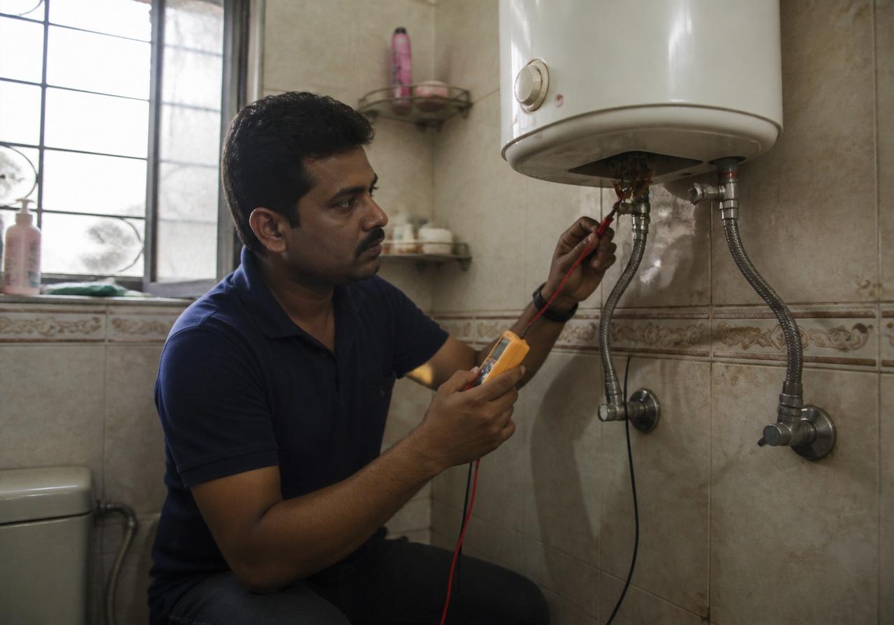 ZZ Water Heater Service certified technician repairing a domestic geyser at a home in Madurai