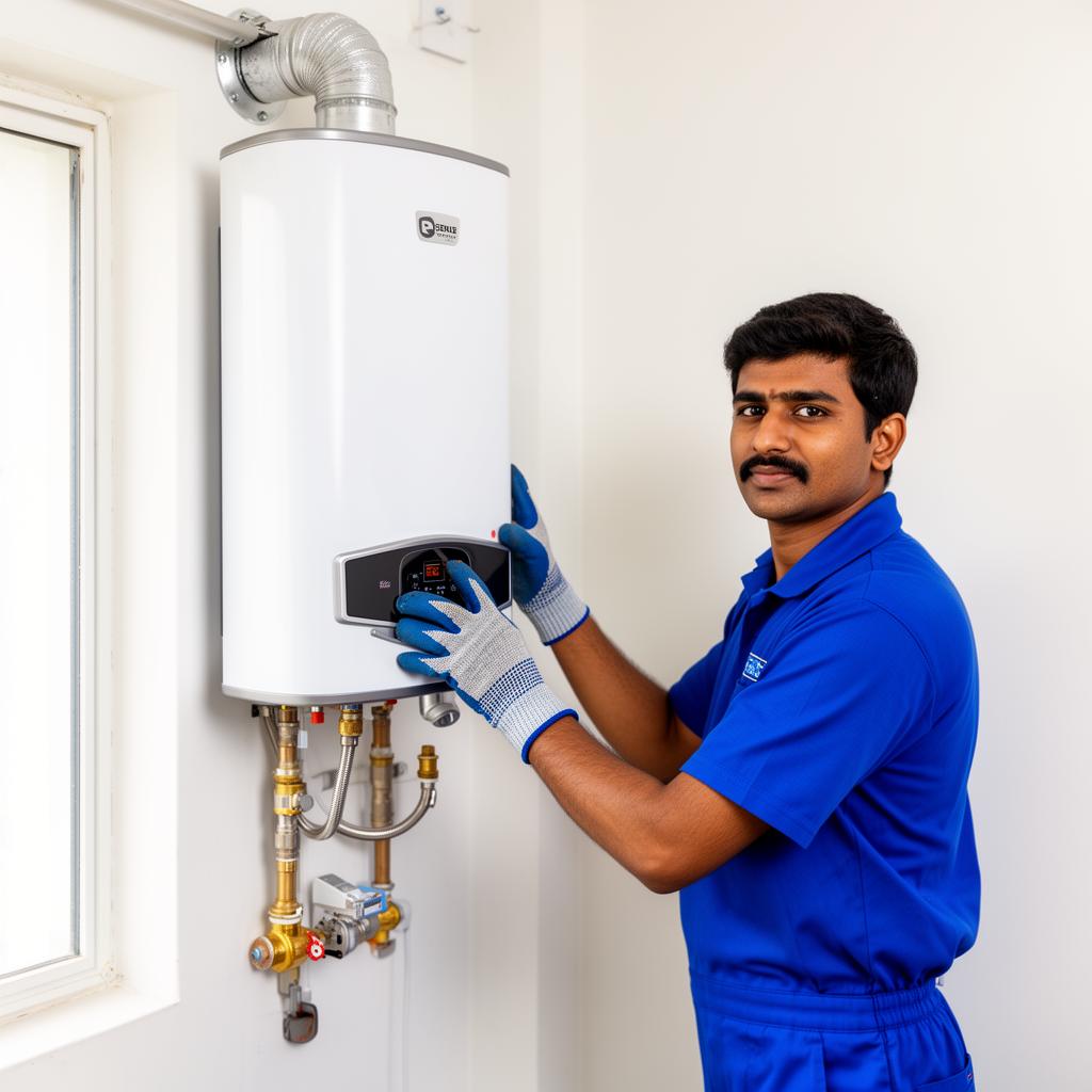 Certified plumber installing a new AO Smith water heater with wall mount and safety valve in a Madurai apartment