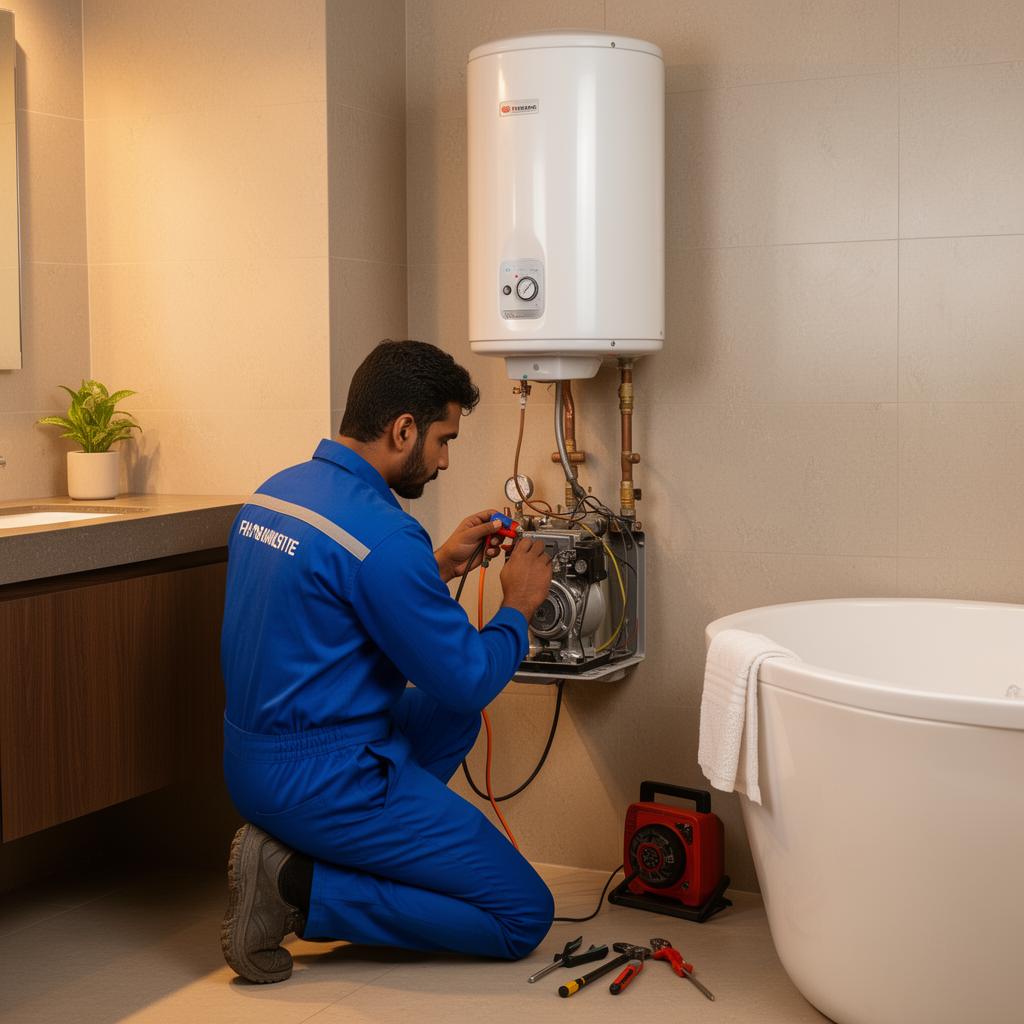 Water heater technician replacing a heating element on a Racold storage geyser in Madurai